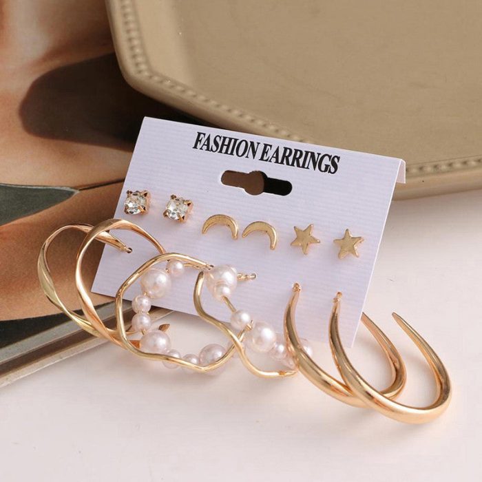 Gold Plated Contemporary Stars and Moon Studs and Hoop Earrings Set of 6 For Women - VAIRAVI