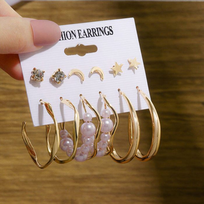 Gold Plated Contemporary Stars and Moon Studs and Hoop Earrings Set of 6 For Women - VAIRAVI