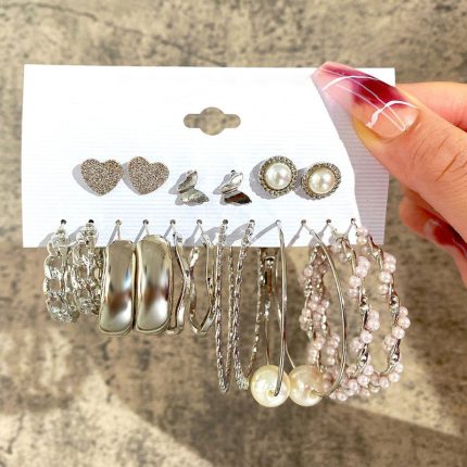 Silver Plated Silver-Toned Contemporary Hoop Earrings Set of 9 For Women - VAIRAVI