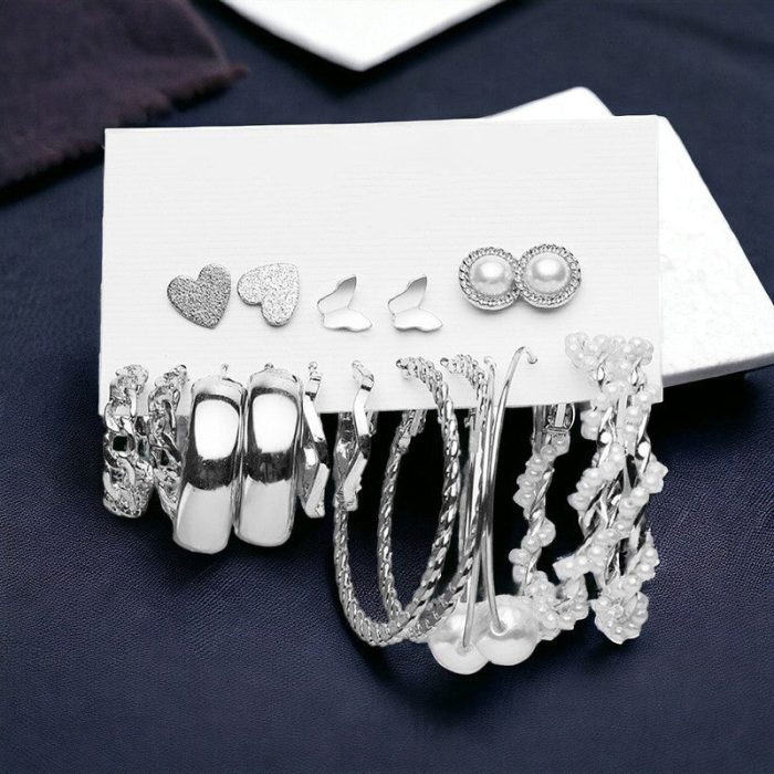 Silver Plated Silver-Toned Contemporary Hoop Earrings Set of 9 For Women - VAIRAVI