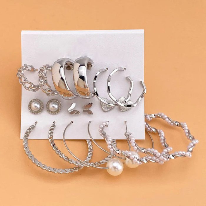 Silver Plated Silver-Toned Contemporary Hoop Earrings Set of 9 For Women - VAIRAVI