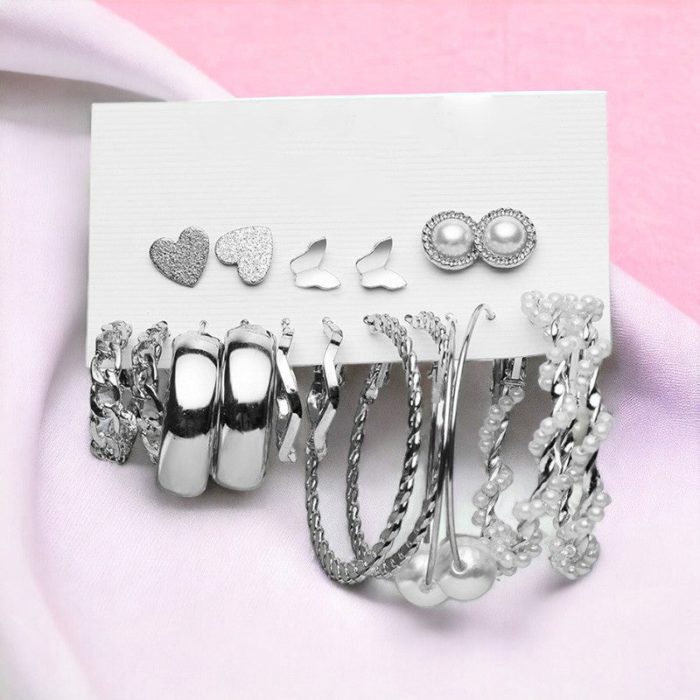Silver Plated Silver-Toned Contemporary Hoop Earrings Set of 9 For Women - VAIRAVI