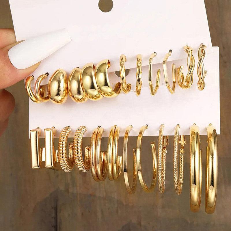 Gold Plated Contemporary Pack of 12 Hoop Earrings Combo For Women - VAIRAVI Gold Plated Contemporary Pack of 12 Hoop Earrings Combo For Women - VAIRAVI