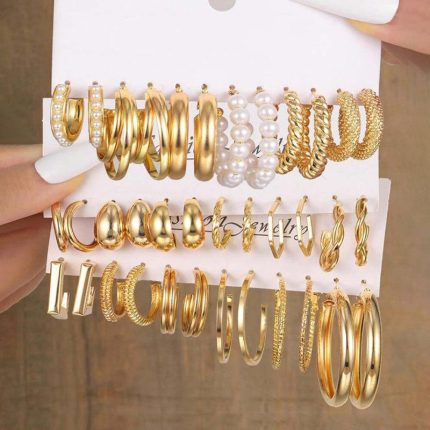 Gold Plated Set Of 18 Pairs Of Hoop And Pearl Earrings For Women - VAIRAVI