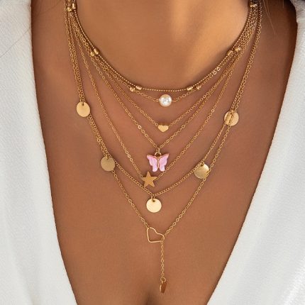 Gold-Plated Gold-Toned Pack of 7 Butterfly Layered Necklace - VAIRAVI