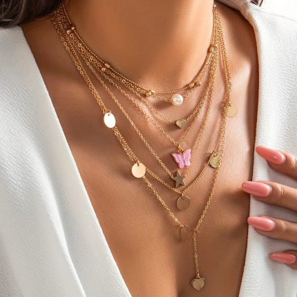 Gold-Plated Gold-Toned Pack of 7 Butterfly Layered Necklace - VAIRAVI