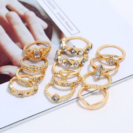 Gold Plated Stone Studded Contemporary Stackable Rings Set of 13 - VAIRAVI