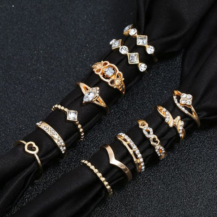 Gold Plated Stone Studded Contemporary Stackable Rings Set of 13 - VAIRAVI
