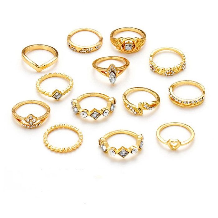 Gold Plated Stone Studded Contemporary Stackable Rings Set of 13 - VAIRAVI