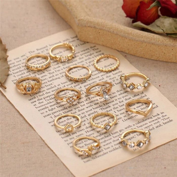 Gold Plated Stone Studded Contemporary Stackable Rings Set of 13 - VAIRAVI