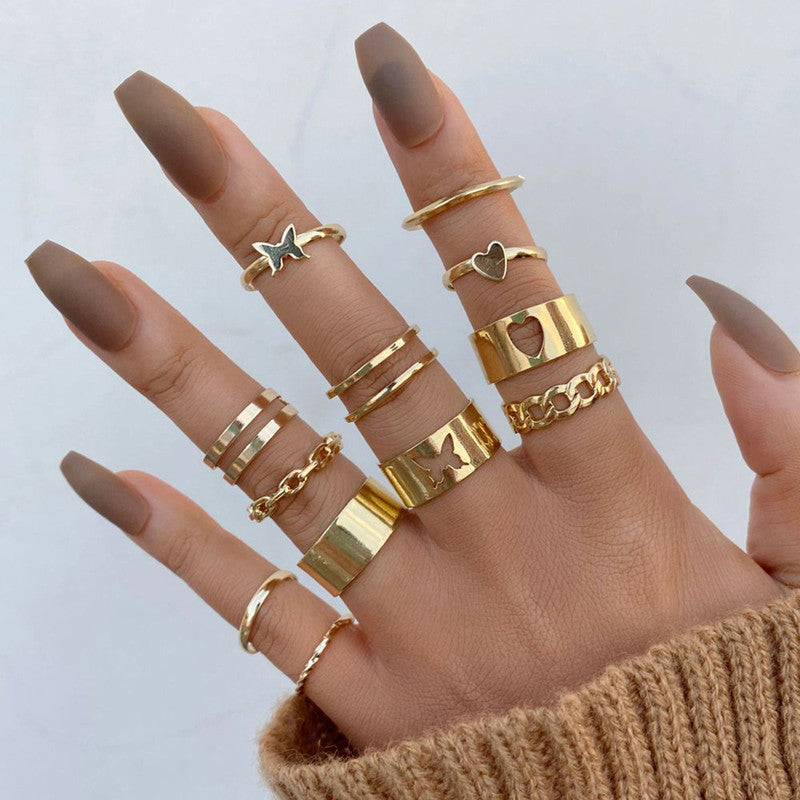 Women Set of 12 Gold-Plated Adjustable Finger Ring - VAIRAVI Women Set of 12 Gold-Plated Adjustable Finger Ring - VAIRAVI