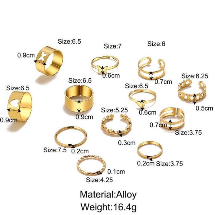 Women Set of 12 Gold-Plated Adjustable Finger Ring - VAIRAVI