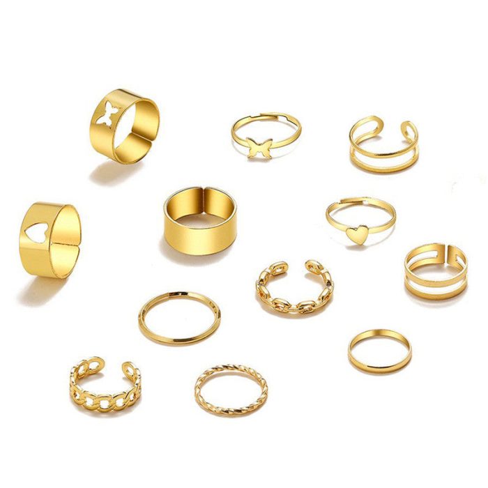 Women Set of 12 Gold-Plated Adjustable Finger Ring - VAIRAVI