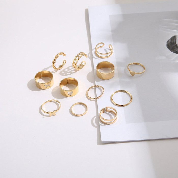 Women Set of 12 Gold-Plated Adjustable Finger Ring - VAIRAVI