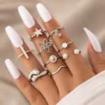 Women Set of 9 Silver Plated Adjustable Hug-Floral Finger Ring - VAIRAVI