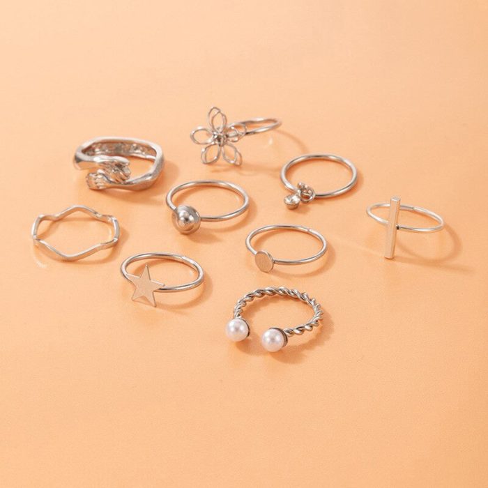 Women Set of 9 Silver Plated Adjustable Hug-Floral Finger Ring - VAIRAVI