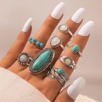 Women Set of 8 Silver Plated Turquoise Contemporary Finger Ring - VAIRAVI