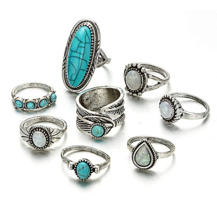 Women Set of 8 Silver Plated Turquoise Contemporary Finger Ring - VAIRAVI