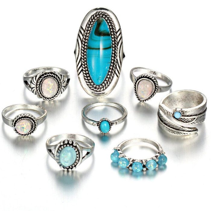 Women Set of 8 Silver Plated Turquoise Contemporary Finger Ring - VAIRAVI