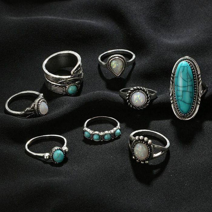 Women Set of 8 Silver Plated Turquoise Contemporary Finger Ring - VAIRAVI