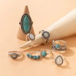 Women Set of 8 Silver Plated Turquoise Contemporary Finger Ring - VAIRAVI