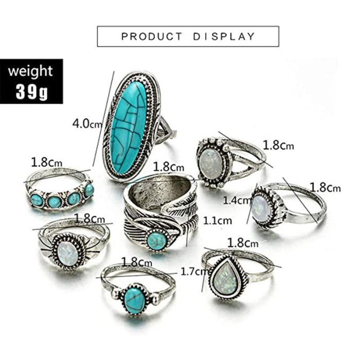Women Set of 8 Silver Plated Turquoise Contemporary Finger Ring - VAIRAVI
