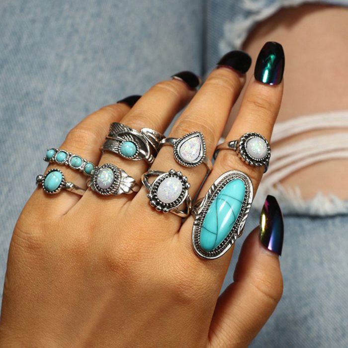 Women Set of 8 Silver Plated Turquoise Contemporary Finger Ring - VAIRAVI