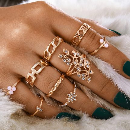 Gold Plated Contemporary Stackable Rings Set of 9 - VAIRAVI