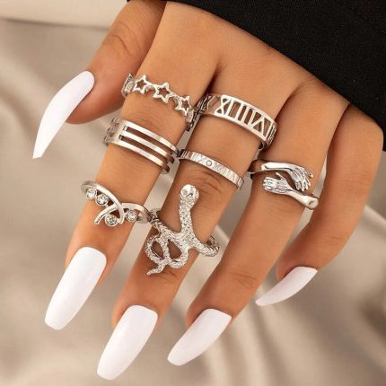 Silver Plated Snake Inspired Stackable Rings Set of 7 - VAIRAVI
