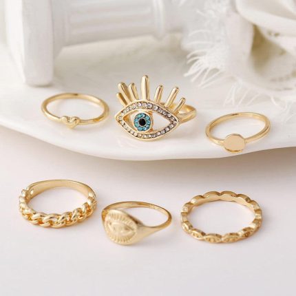 Evil Eye Gold Plated Stackable Rings Set of 6 - VAIRAVI