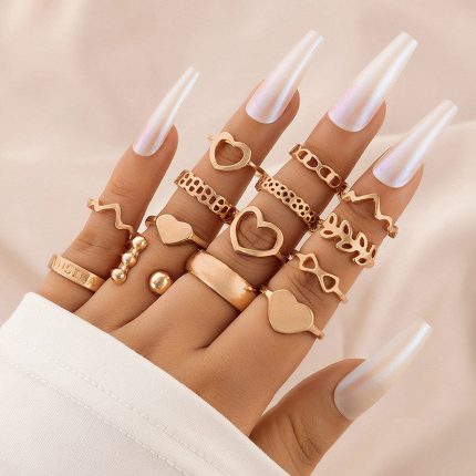 Rose Gold Plated Heart Inspired Stackable Rings Set of 14 - VAIRAVI