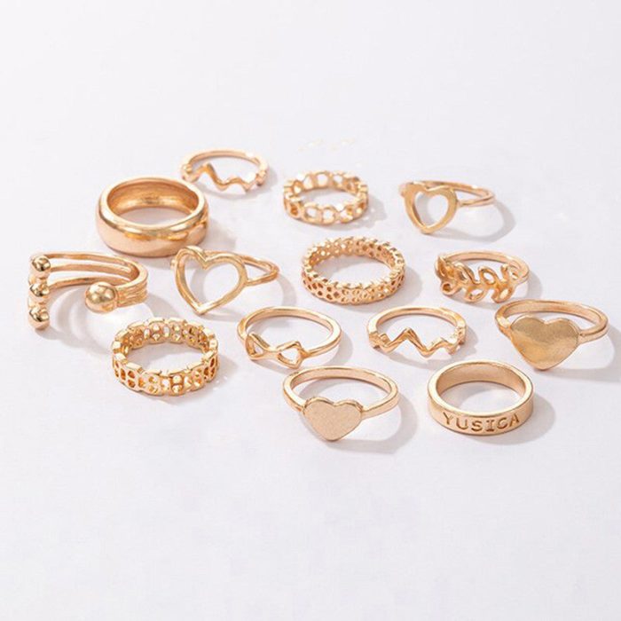 Rose Gold Plated Heart Inspired Stackable Rings Set of 14 - VAIRAVI