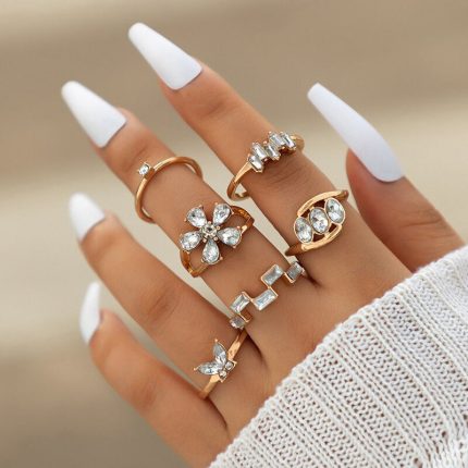 Gold Plated White Stone Studded Contemporary Stackable Rings Set of 6 - VAIRAVI