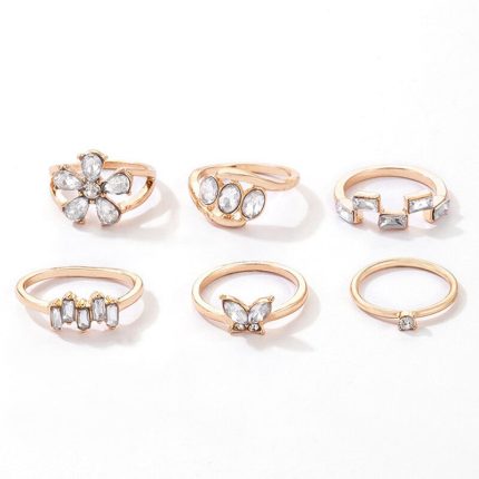 Gold Plated White Stone Studded Contemporary Stackable Rings Set of 6 - VAIRAVI