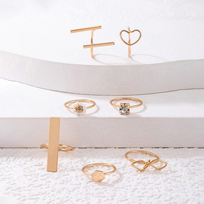 Gold Plated Contemporary Stackable Rings Set of 7 - VAIRAVI