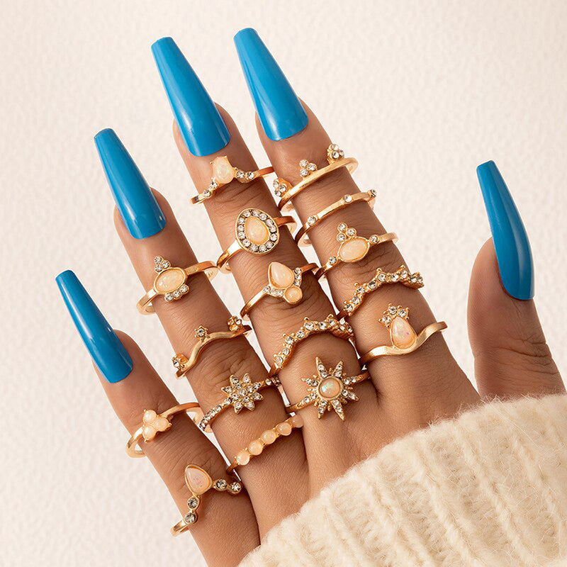 Women Set of 16 Contemporary Gold-Plated Finger Rings - VAIRAVI Women Set of 16 Contemporary Gold-Plated Finger Rings - VAIRAVI