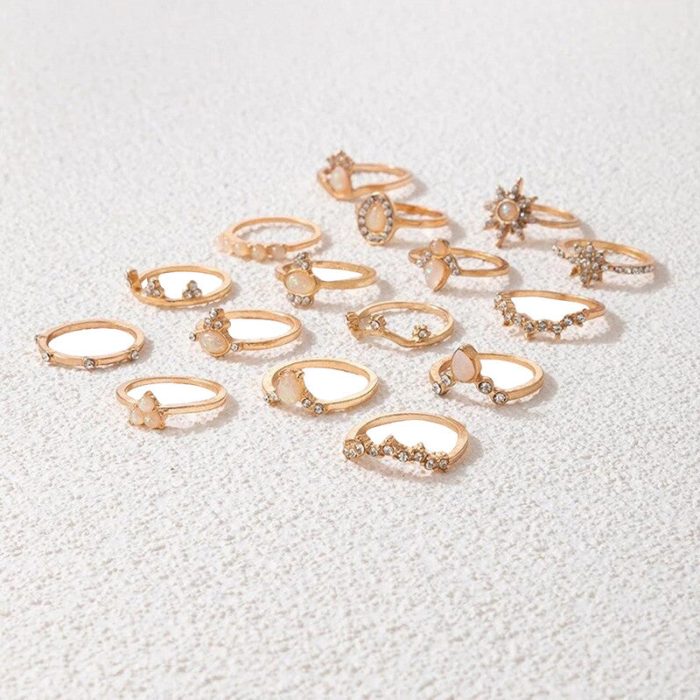 Women Set of 16 Contemporary Gold-Plated Finger Rings - VAIRAVI