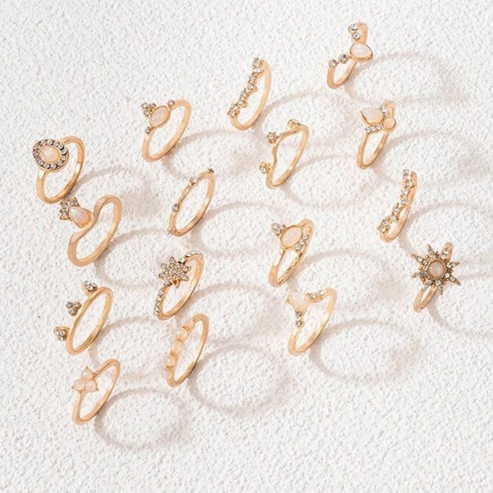 Women Set of 16 Contemporary Gold-Plated Finger Rings - VAIRAVI