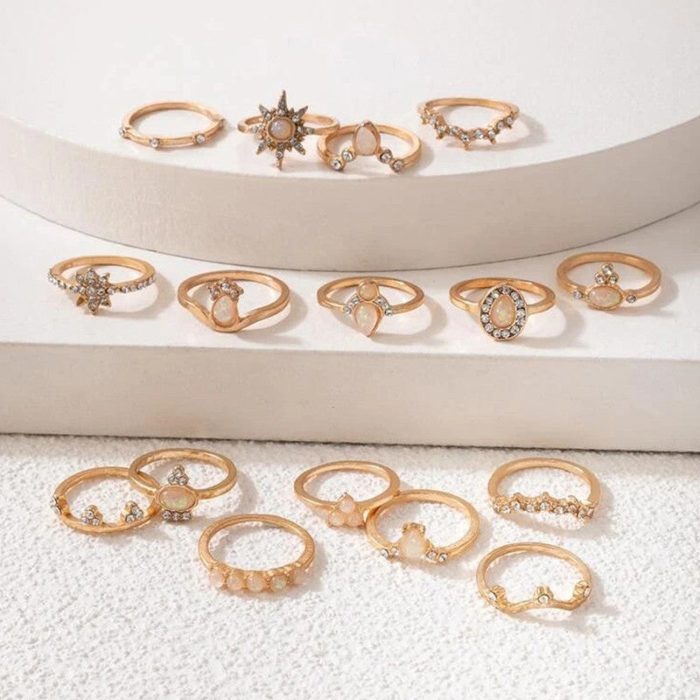 Women Set of 16 Contemporary Gold-Plated Finger Rings - VAIRAVI