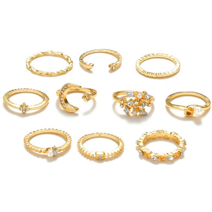 Gold Plated Contemporary Stackable Rings Set of 10 For Women - VAIRAVI