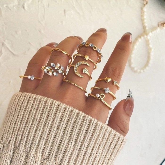 Gold Plated Contemporary Stackable Rings Set of 10 For Women - VAIRAVI