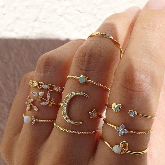 Gold Plated Contemporary Stackable Rings Set of 10 For Women - VAIRAVI