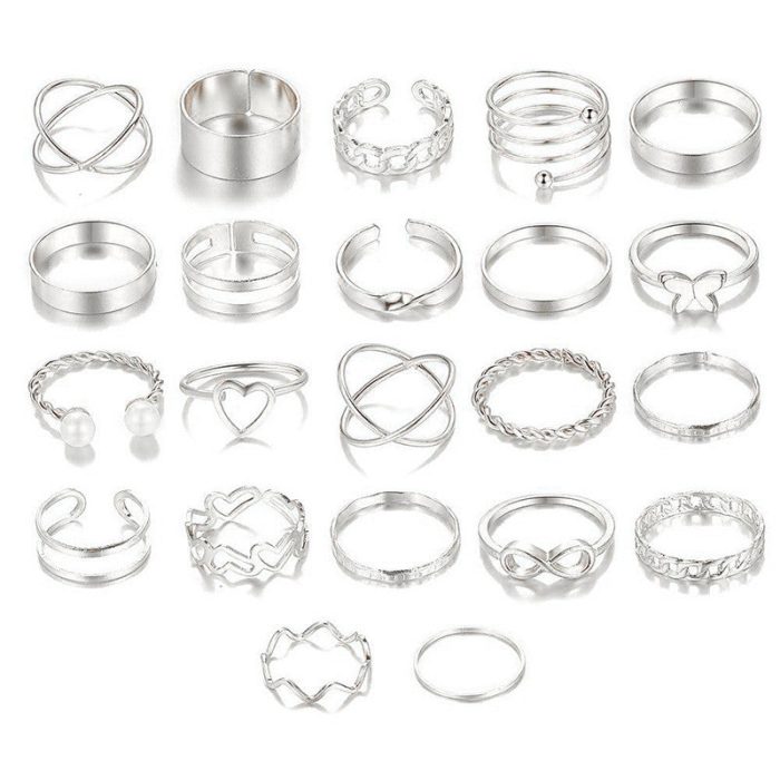 Silver Plated Contemporary Stackable Rings Set of 22 For Women - VAIRAVI