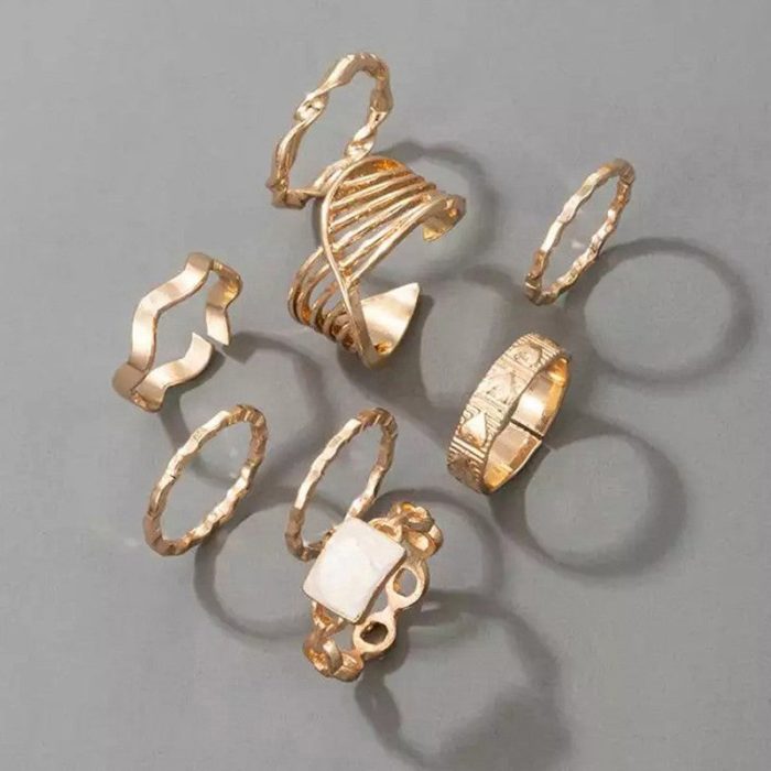 Gold Plated Contemporary Stackable Rings Set of 8 - VAIRAVI