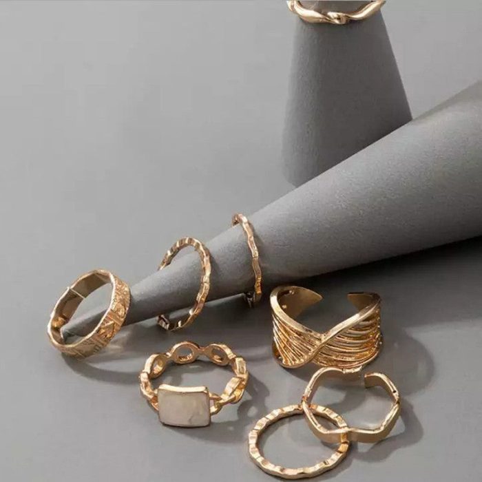 Gold Plated Contemporary Stackable Rings Set of 8 - VAIRAVI