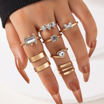 Gold Plated Stone Studded Contemporary Stackable Rings Set of 8 - VAIRAVI