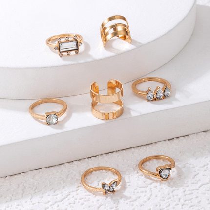 Gold Plated Stone Studded Contemporary Stackable Rings Set of 8 - VAIRAVI