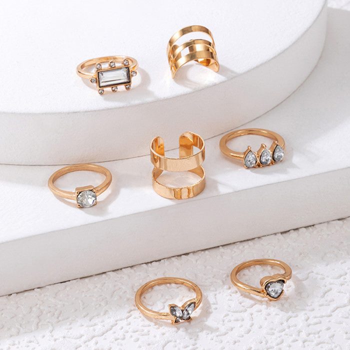 Gold Plated Stone Studded Contemporary Stackable Rings Set of 8 - VAIRAVI