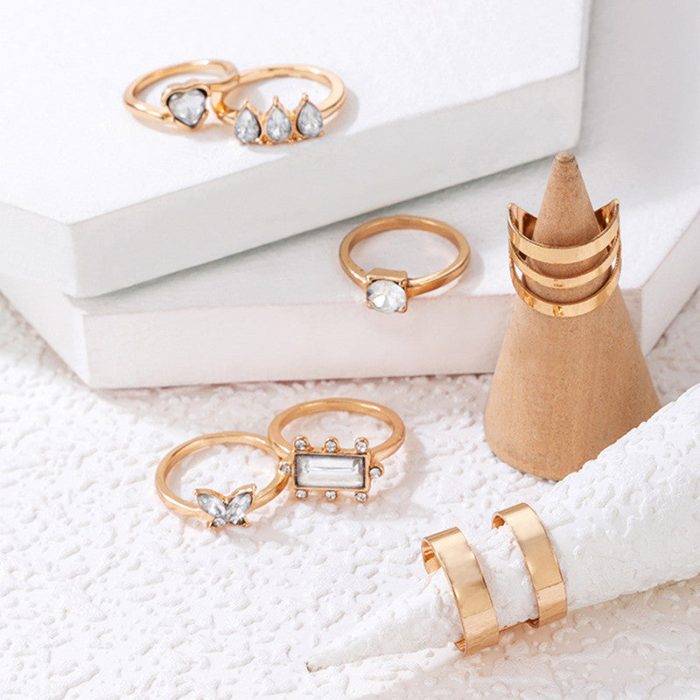 Gold Plated Stone Studded Contemporary Stackable Rings Set of 8 - VAIRAVI