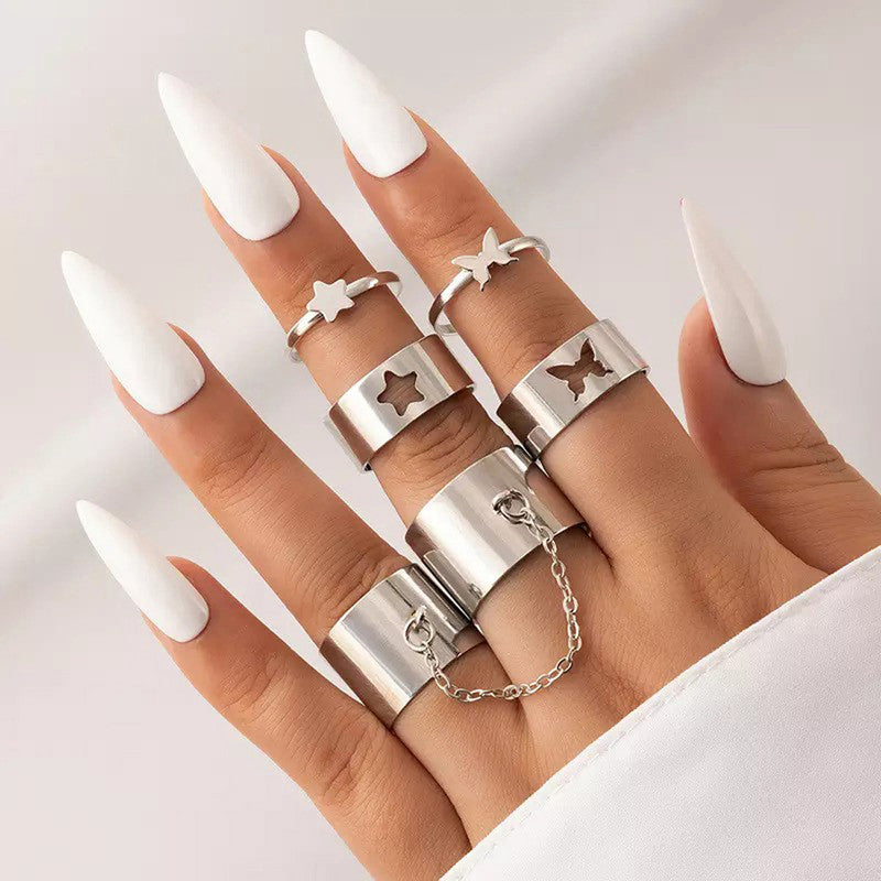 Set of 6 Silver-Plated Adjustable Finger Ring For Women - VAIRAVI Set of 6 Silver-Plated Adjustable Finger Ring For Women - VAIRAVI